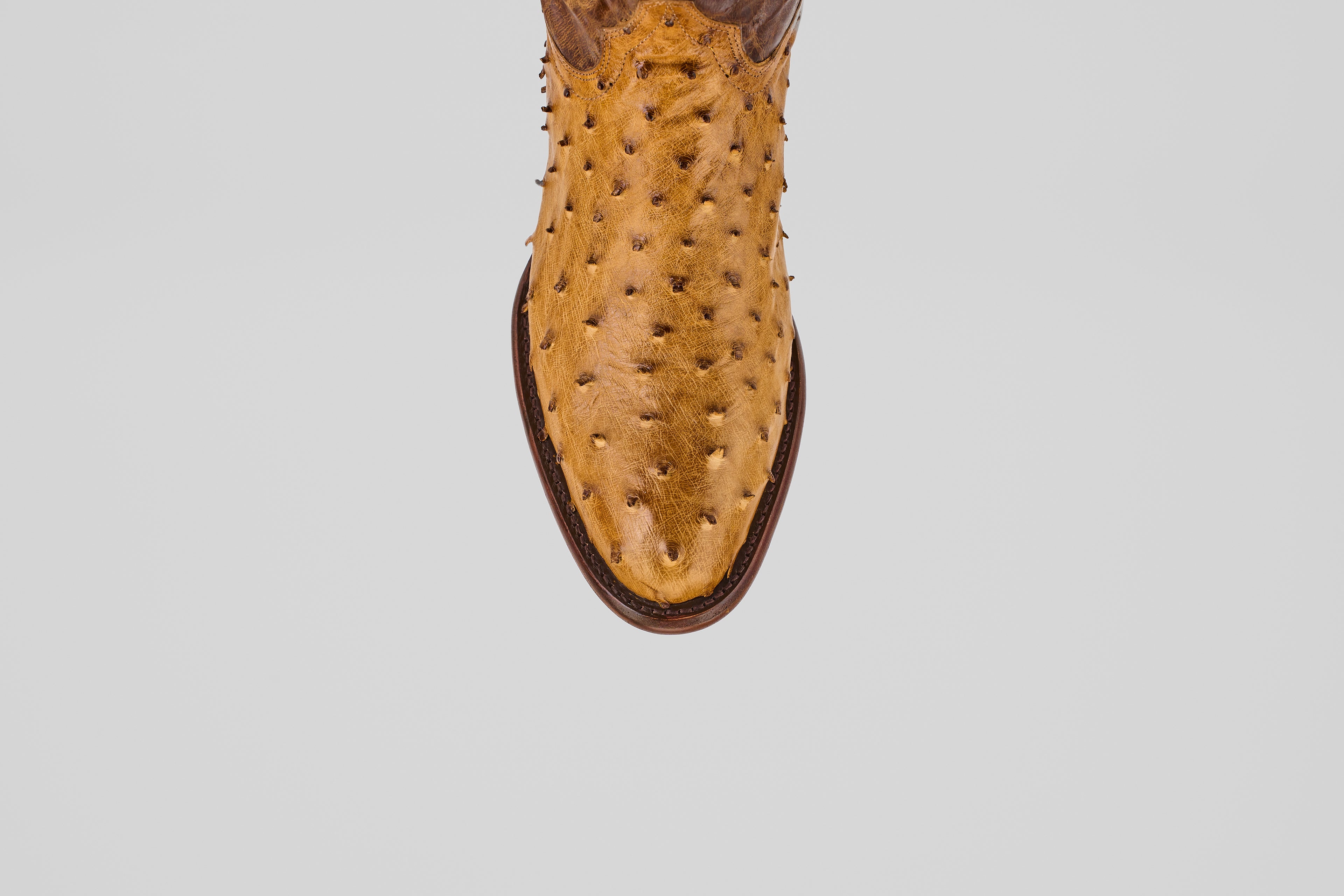 Top-down view of the Exotic Full Quilt Ostrich - Paja - Round Toe boot in tan ostrich leather against a plain light background, highlighting its classic Western heritage style.