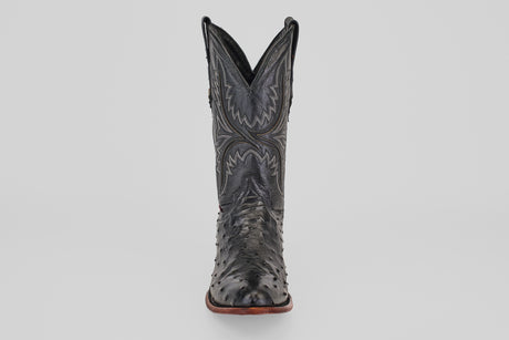 The Exotic Full Quilt Ostrich - Black - Round Toe boot features decorative stitching and classic Western style, displayed front-facing against a plain light gray background.