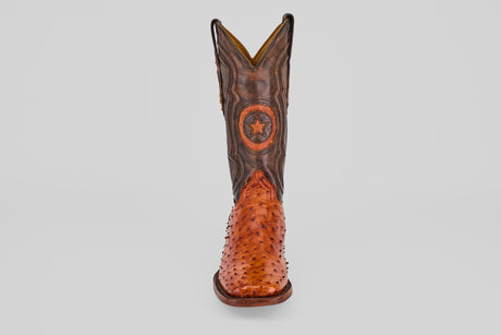 The Austin - Brandy - Square Toe features a single brown cowboy boot with a textured Avestruz Brandy leather foot, dark shaft, and circular star emblem on the front, shown against a plain light background.