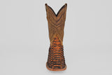 A single Tanner Jumbo – Chestnut – Square Toe cowboy boot in python leather, featuring intricate shaft stitching and a textured scaly foot, photographed from the front on a plain white background.