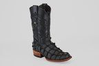 The Conor - Matte Black - Narrow Square Toe cowboy boot features textured fish leather, detailed shaft stitching, and a wooden heel, shown as a single black boot on a plain light gray background.