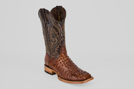 The Hornback Brown - Embossed Leather - Square Toe (E427) boot features textured brown leather, a darker stitched upper shaft, low heel, and square toe, shown on a light gray background.