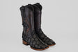 A pair of Conor Platinum - Matte Black - Square Toe (Diamond) boots with a textured, scale-like finish and brown wooden heels, displayed side by side on a light gray background.