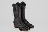 A pair of Conor Platinum - Matte Black - Square Toe (Diamond) boots with a textured, scale-like finish and brown wooden heels, displayed side by side on a light gray background.