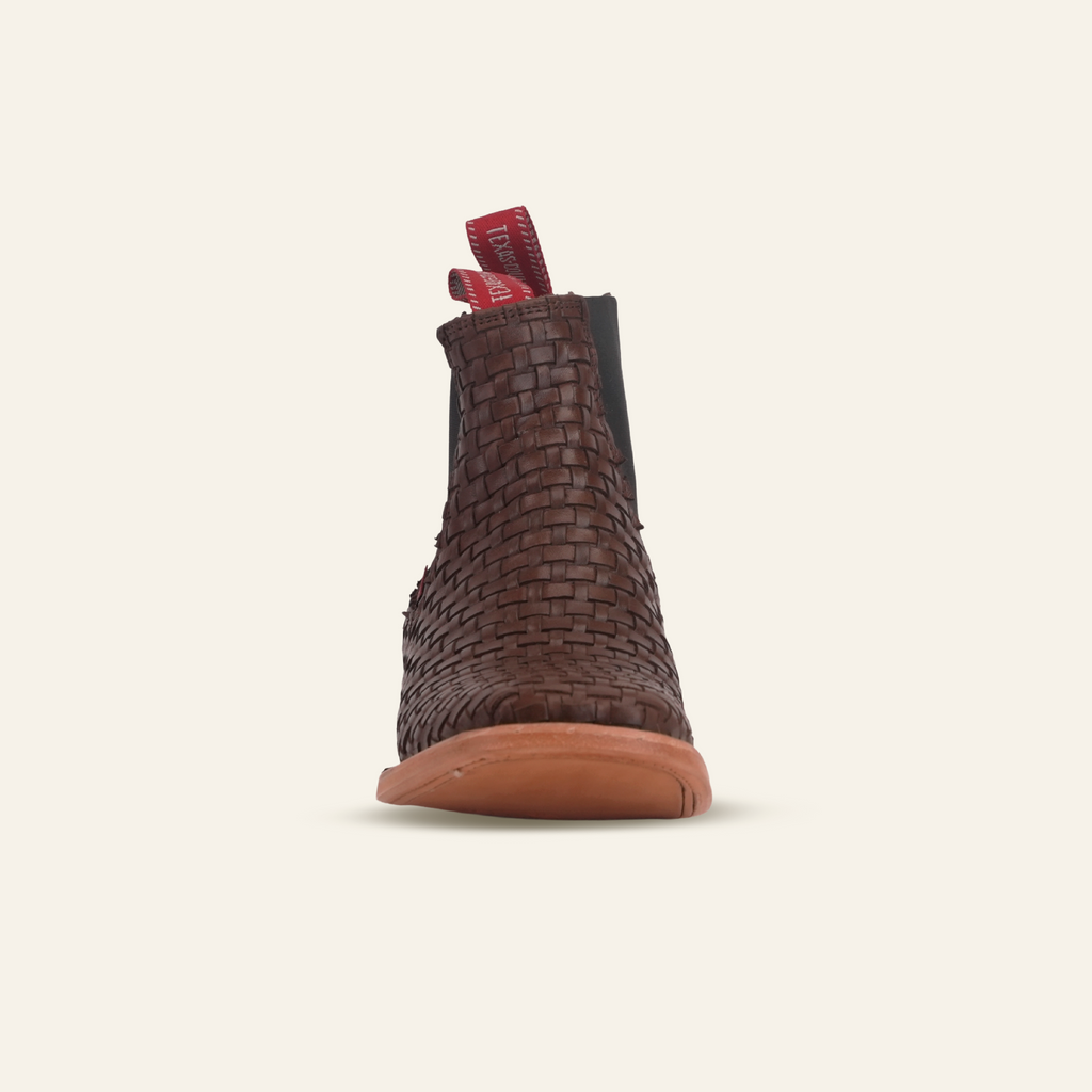 Basket Weave Ankle Boots - Brown - Square Toe (E1200)