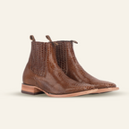 Snake Ankle Boots - Brown Embossed Leather - Square Toe (E946)