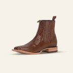 Snake Ankle Boots - Brown Embossed Leather - Square Toe (E946)