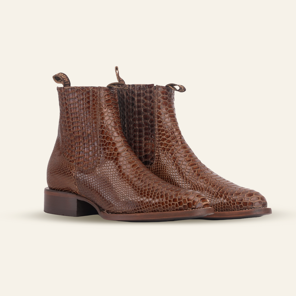 Snake Ankle Boots - Brown Embossed Leather - Rodeo Toe (E946)