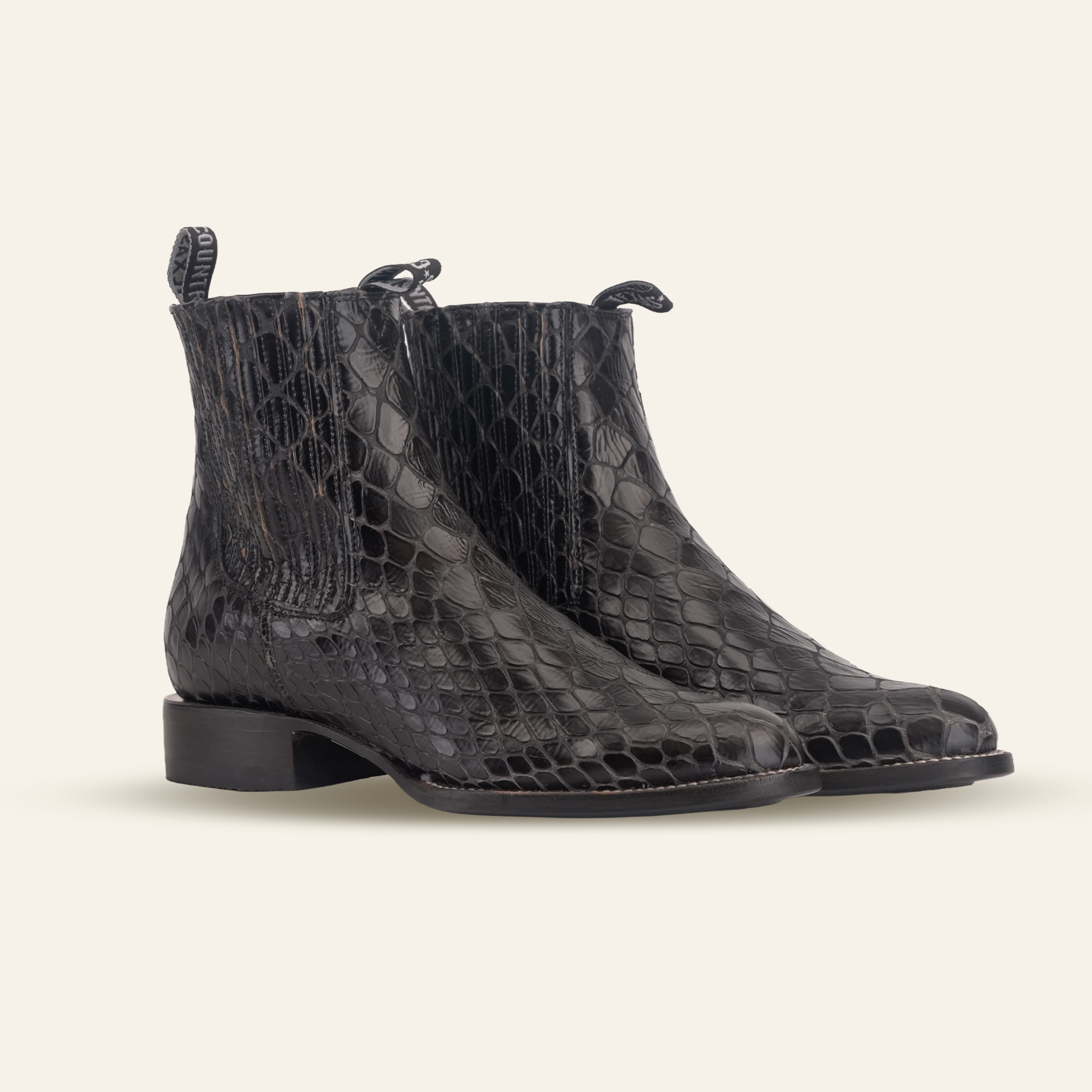 Snake Ankle Boots - Black Embossed Leather - Rodeo Toe (E955)