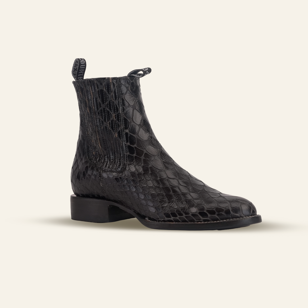 Snake Ankle Boots - Black Embossed Leather - Rodeo Toe (E955)