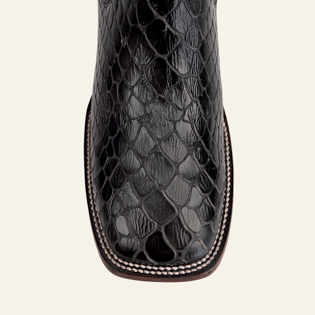 Snake Ankle Boots - Black Embossed Leather - Square Toe (E955)