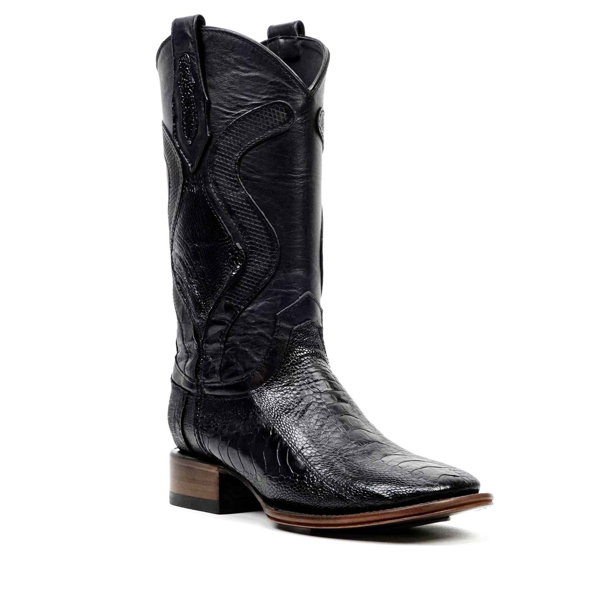 Austin Platinum Ostrich Leg Boots - Black - Square Toe - Gomez Western Wear