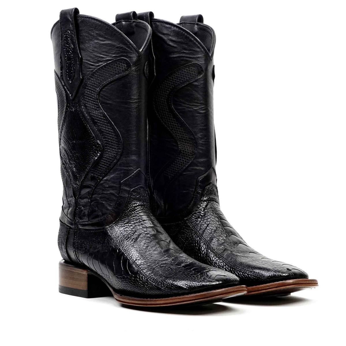 Austin Platinum Ostrich Leg Boots - Black - Square Toe - Gomez Western Wear