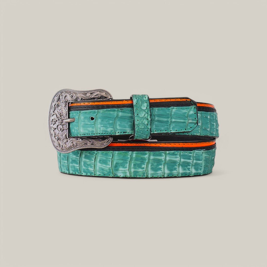Exotic Caiman - Platinum Buckle - Green Belt - Gomez Western Wear