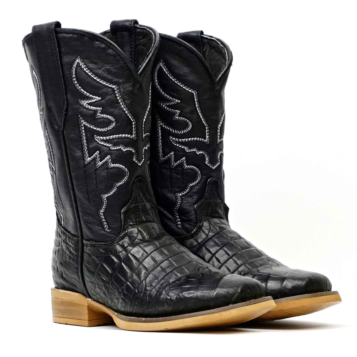 Kids Alligator Belly Black Boots - Embossed Leather - Square Toe (K27-1) - Gomez Western Wear