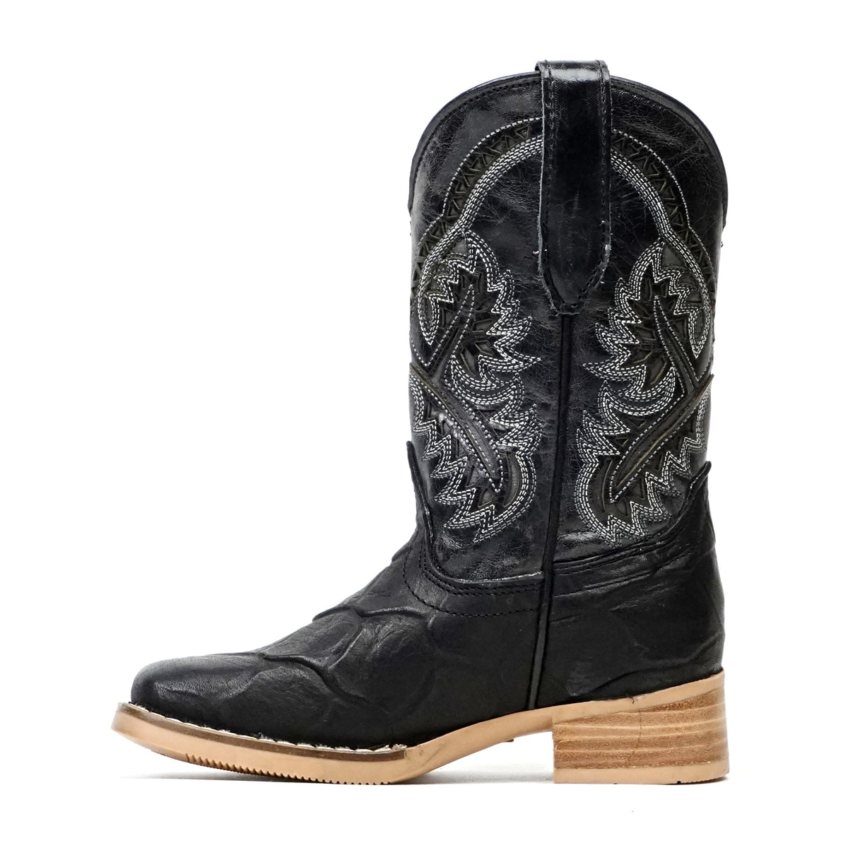 Kids Pirarucu Fish Black Boots - Embossed Leather - Square Toe (K92-1) - Gomez Western Wear