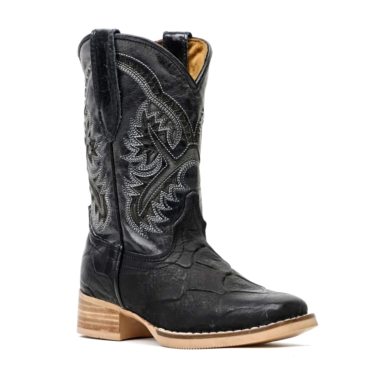 Kids Pirarucu Fish Black Boots - Embossed Leather - Square Toe (K92-1) - Gomez Western Wear