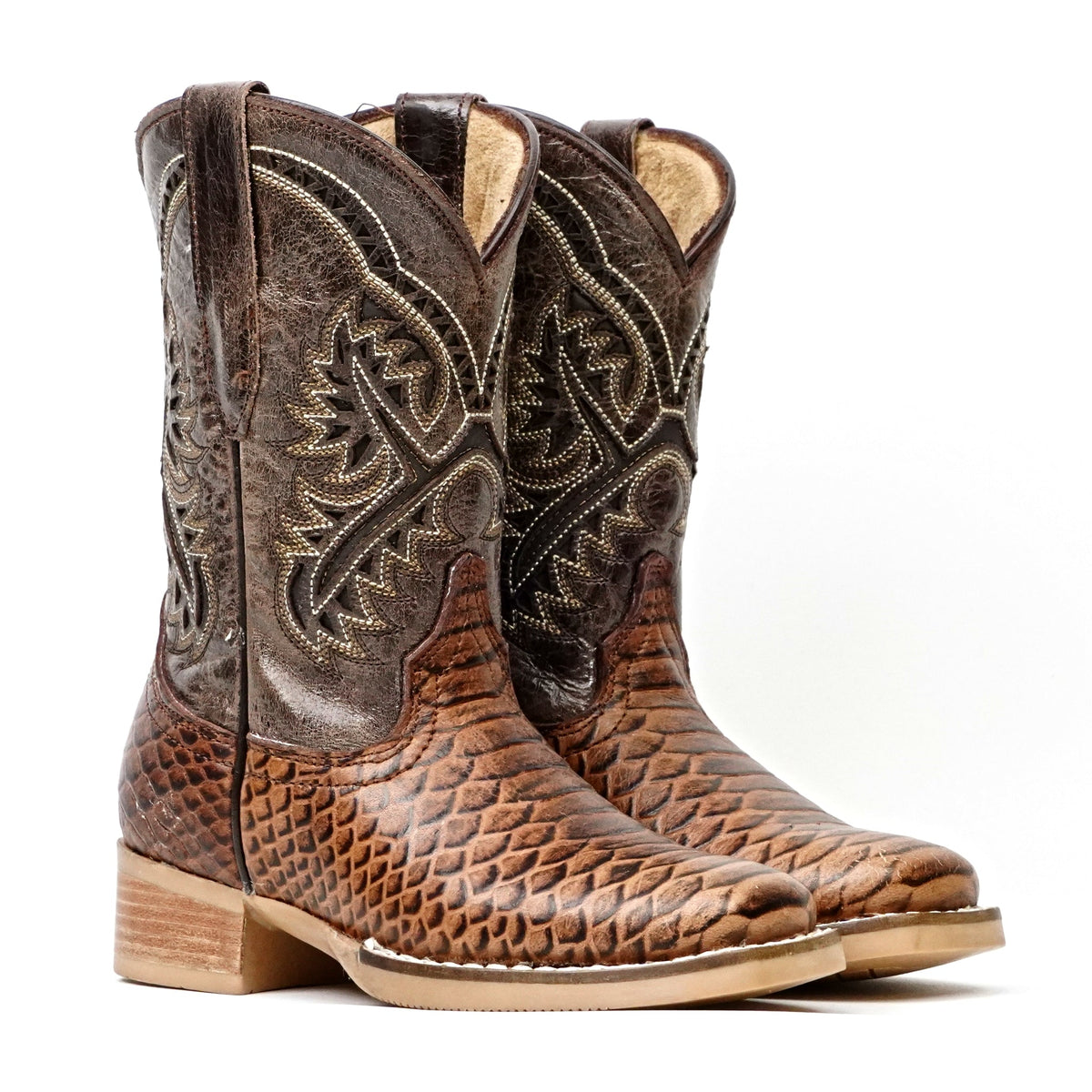 Kids Python Choco Boots - Embossed Leather - Square Toe (K11-1) - Gomez Western Wear
