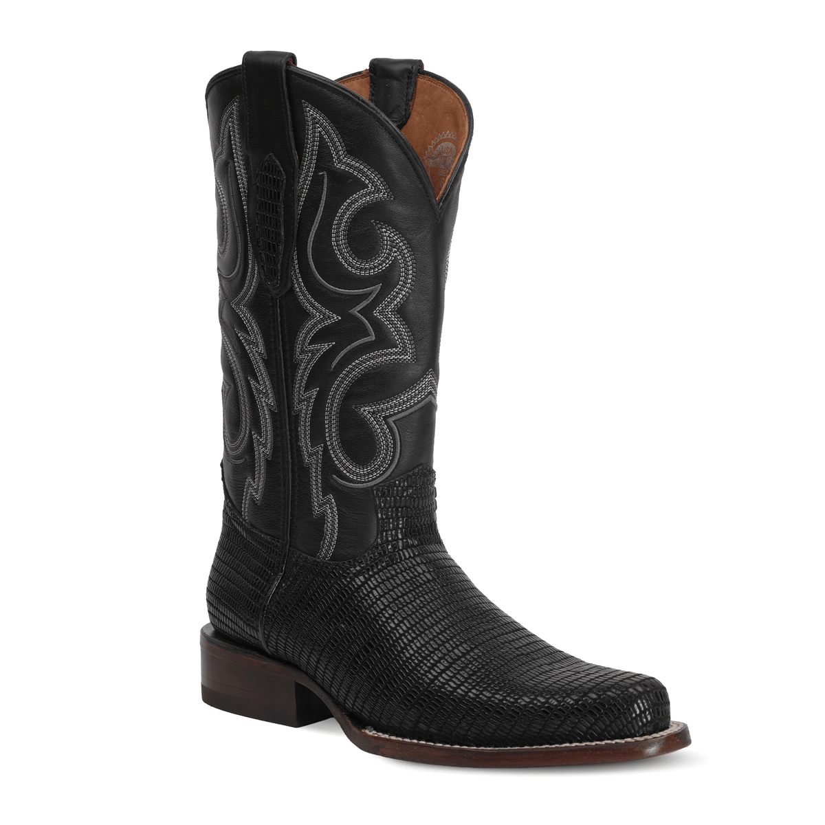 Lizard Black Boots - Embossed Leather - Roper Toe (E954) - Gomez Western Wear
