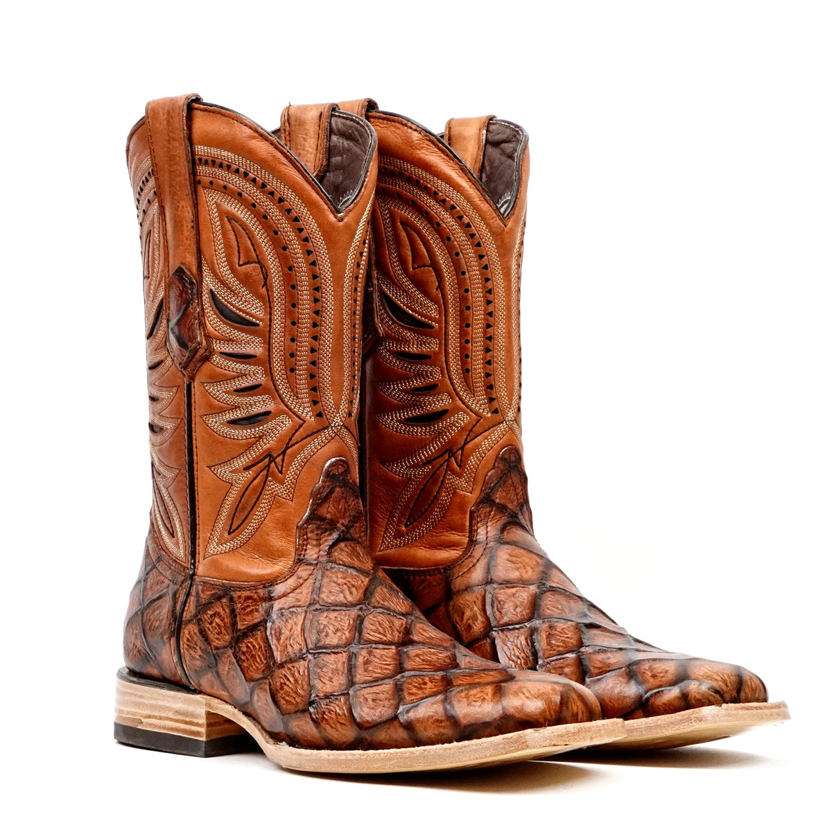 Pirarucu Cognac Boots - Embossed Leather - Square Toe (E687) - Gomez Western Wear