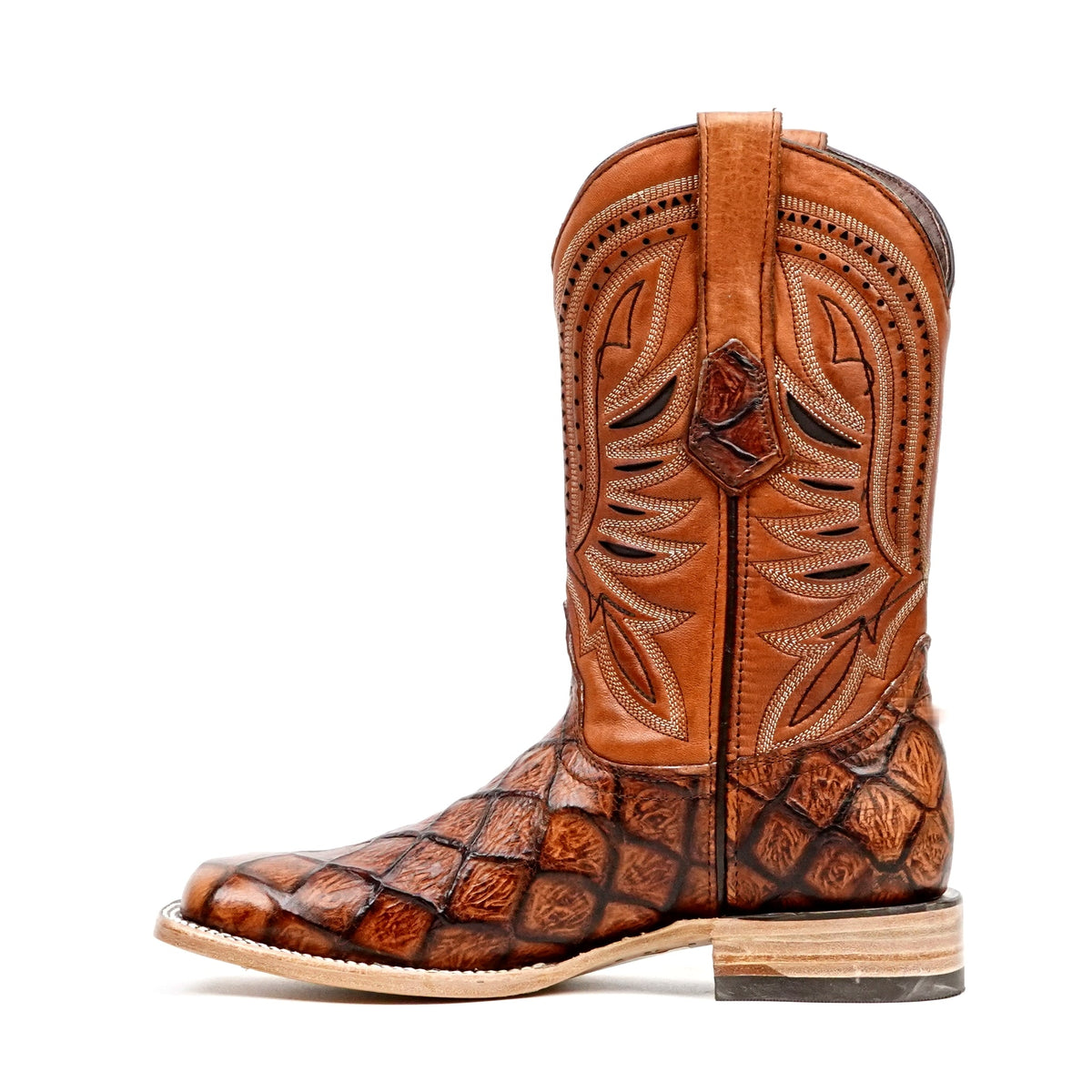 Pirarucu Cognac Boots - Embossed Leather - Square Toe (E687) - Gomez Western Wear