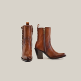 Introducing the Francia Rings Bootie Tan - J Toe from our Platinum Collection: stylish brown leather ankle boots featuring side zippers, decorative back lacing, a block heel, and rounded toe on a white background.