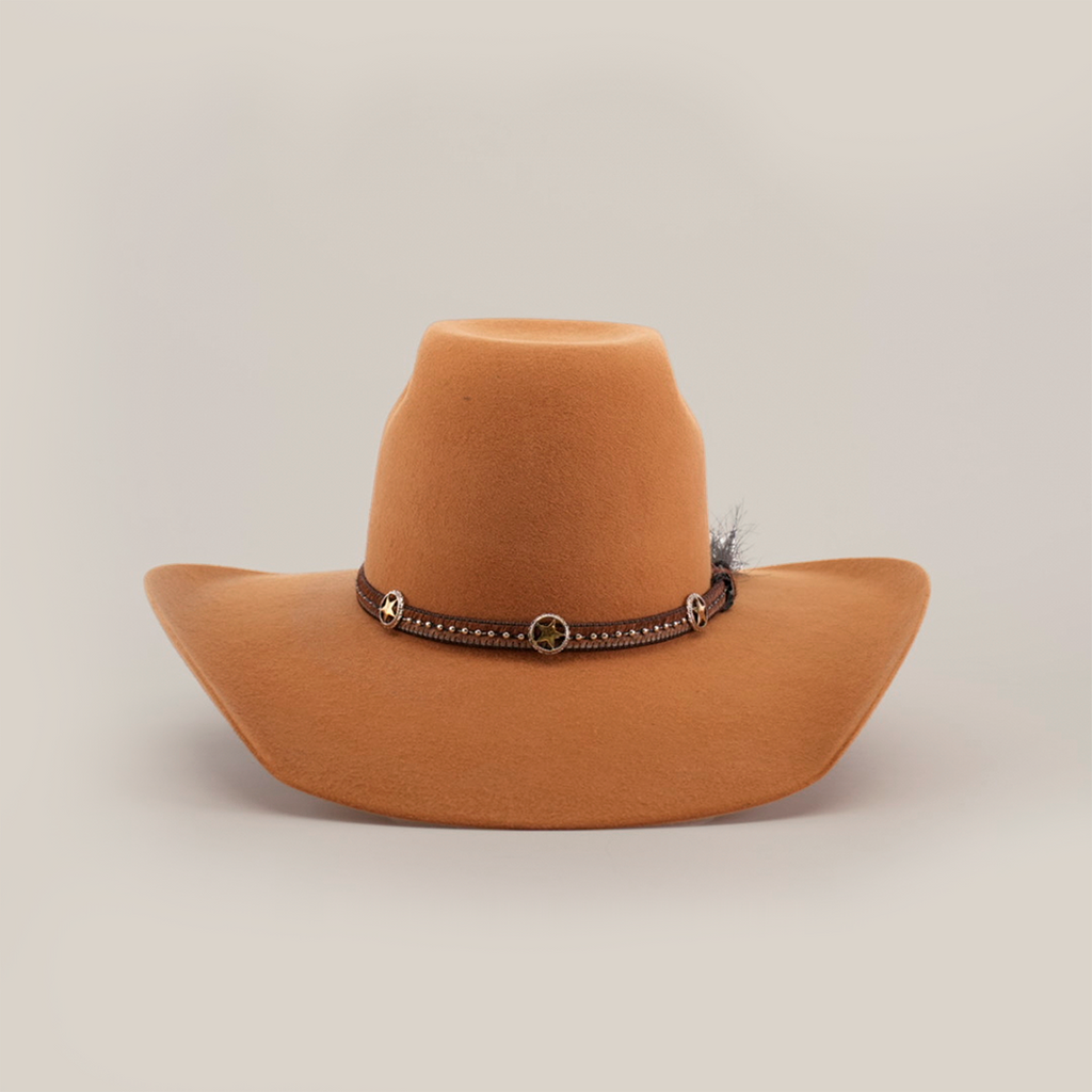The 6X Brazil Fawn is a brown wide-brimmed cowboy hat crafted from genuine sheep wool, featuring a premium leather band with metal accents and a small feather on one side, displayed against a plain white background.