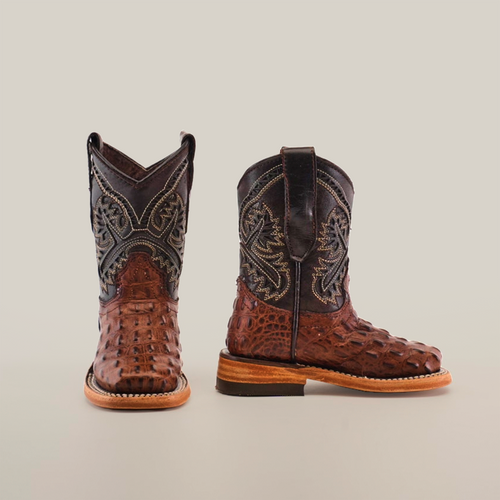Caiman Hornback Print Chocolate Square Toe - Kids Boots