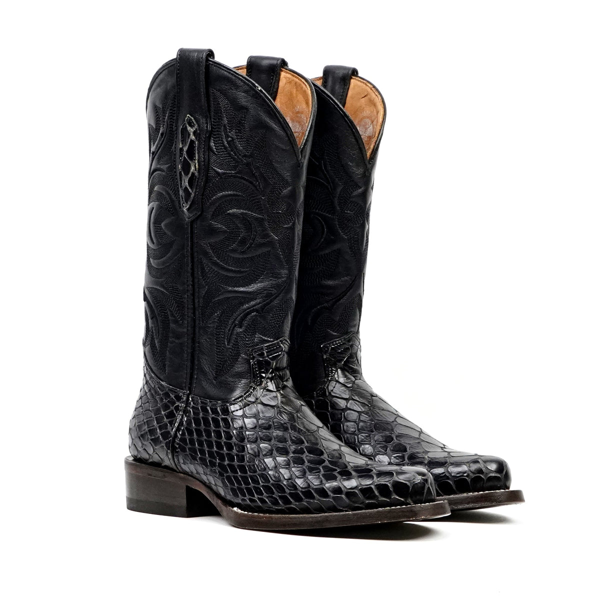 Snake Black Cowboy Boots - Embossed Leather - Roper Toe (E952) - Gomez Western Wear