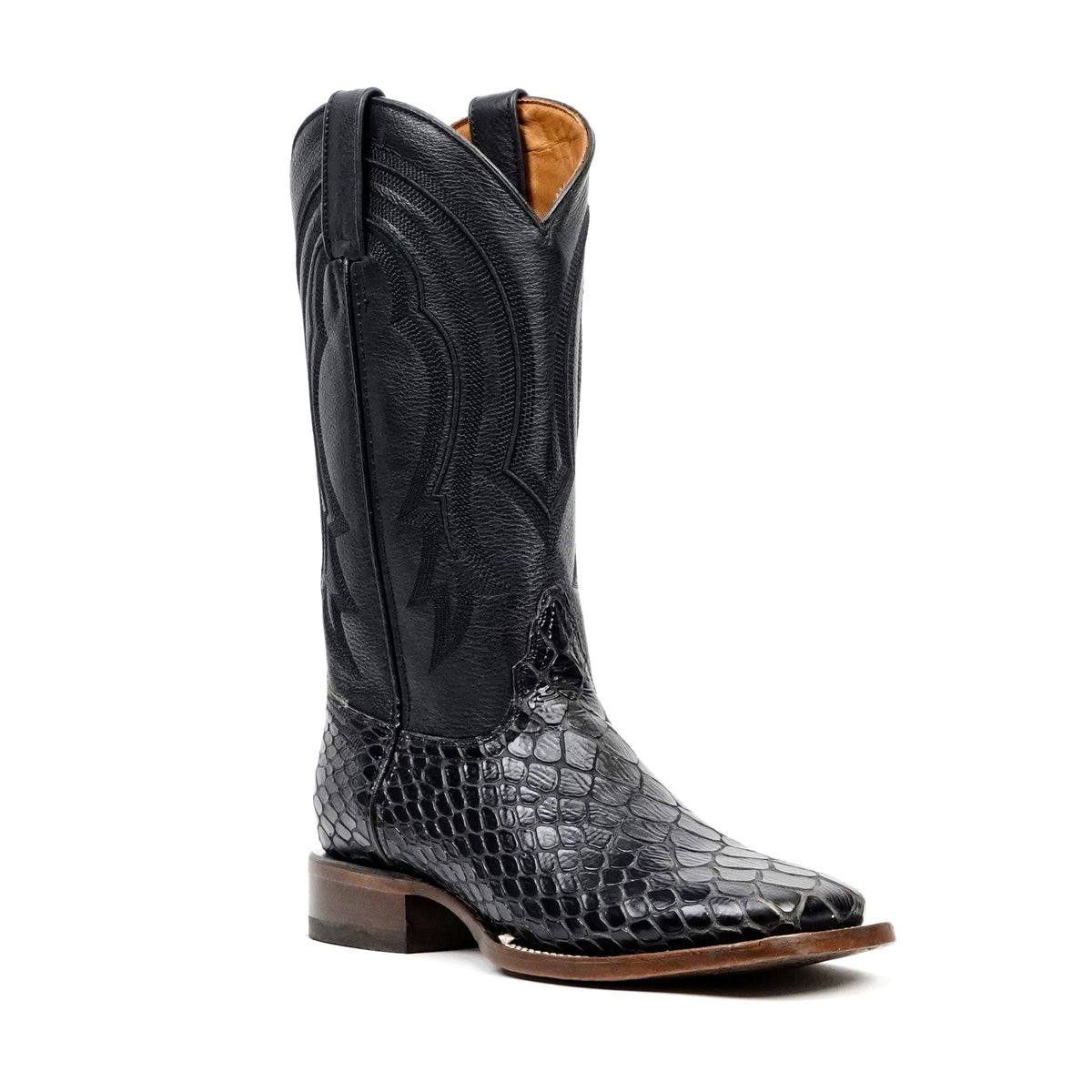Snake Cowboy Boots- Black Embossed Leather - Square Toe (E947) - Gomez Western Wear
