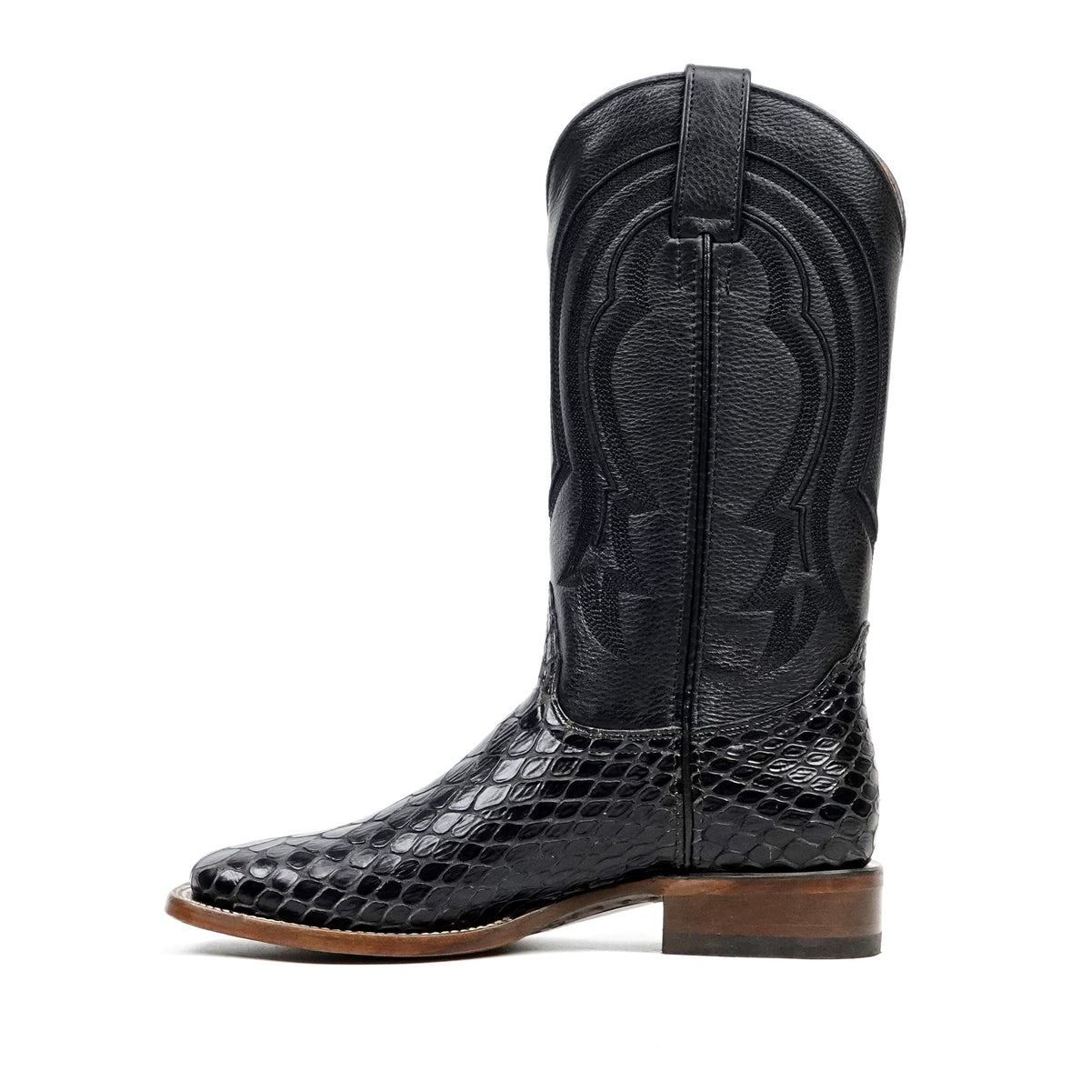 Snake Cowboy Boots- Black Embossed Leather - Square Toe (E947) - Gomez Western Wear