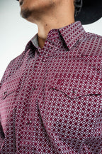 Texas Country - Burgundy Diamond Print Peal Snap Long Sleeve Shirt (PS100L/T #159) - Gomez Western Wear