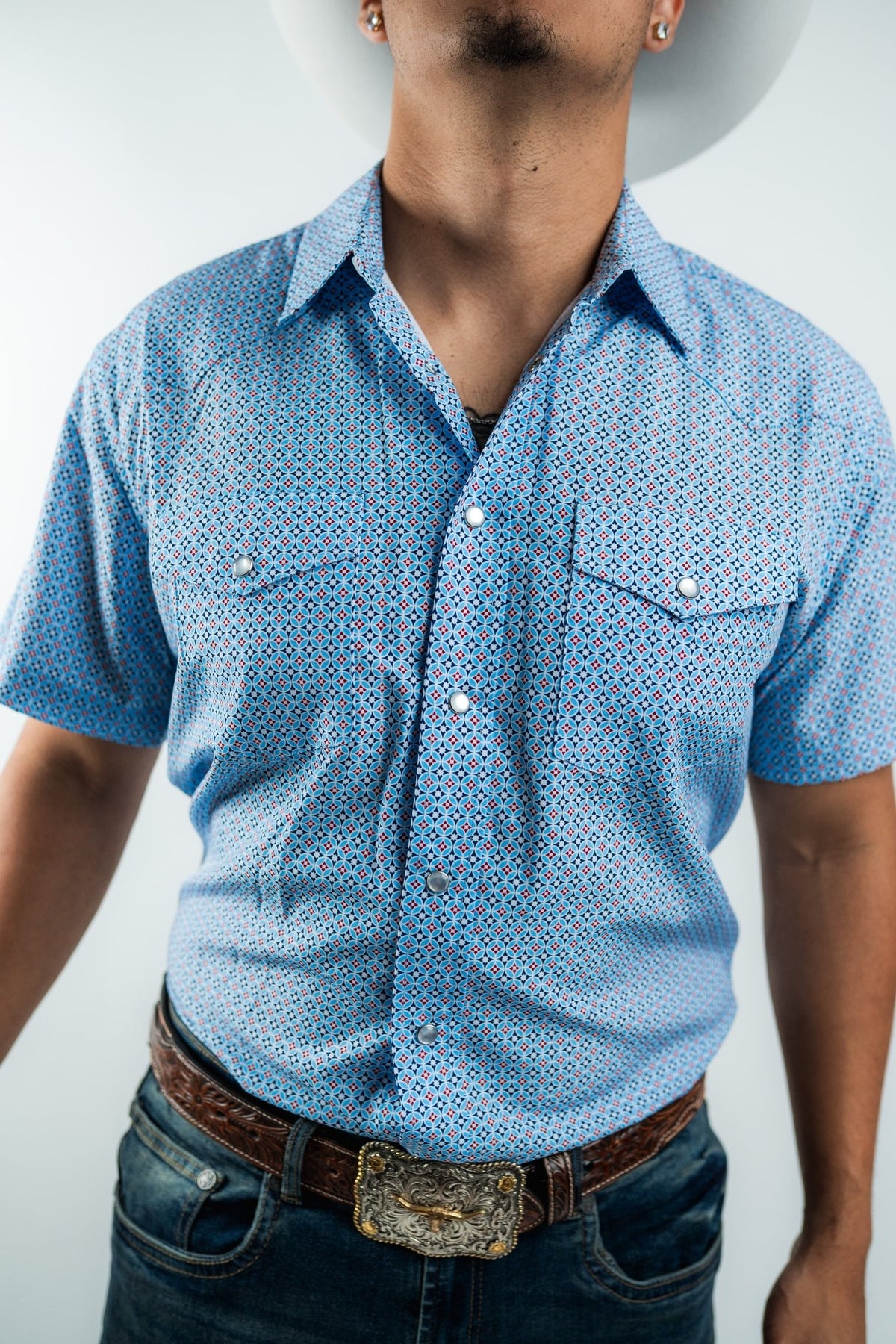 Texas Country - Geometric Blue Pearl Snap Short Sleeve Shirt (RT101S/T #1105) - Gomez Western Wear