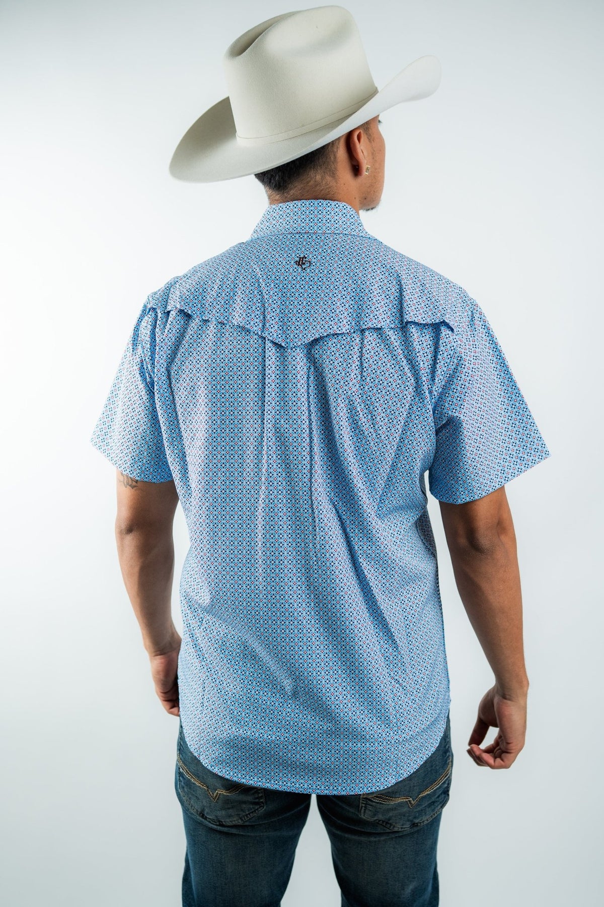 Texas Country - Geometric Blue Pearl Snap Short Sleeve Shirt (RT101S/T #1105) - Gomez Western Wear