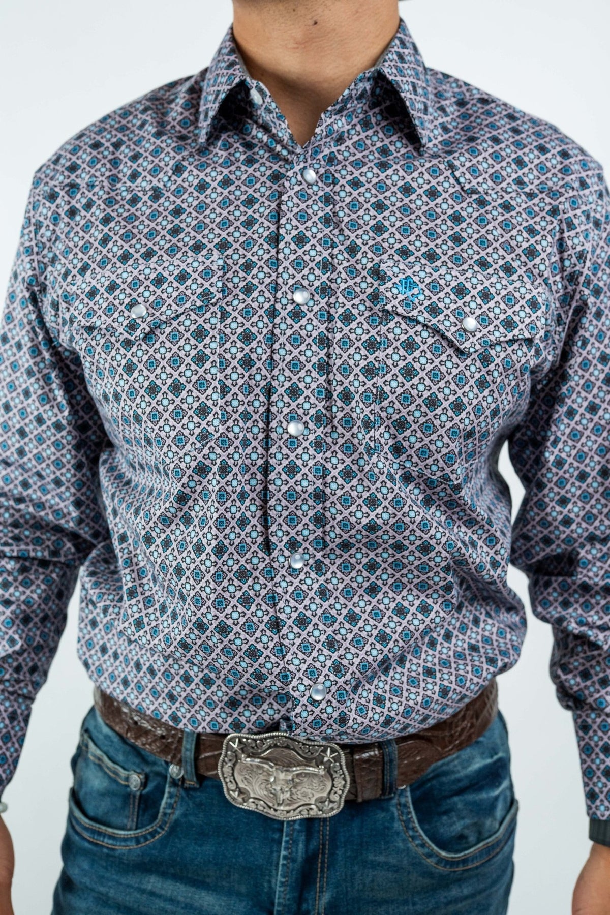 Texas Country - Gray Geometric Print Pearl Snap Long Sleeve Shirt (PS100L/T #1076) - Gomez Western Wear
