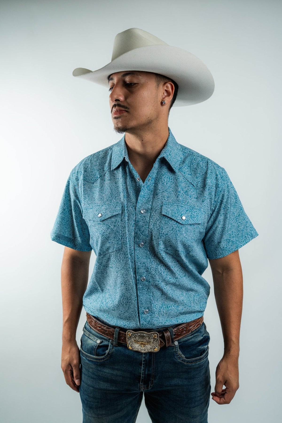 Texas Country - Light Blue Floral Pearl Snap Short Sleeve Shirt (RT101S/T #1100) - Gomez Western Wear