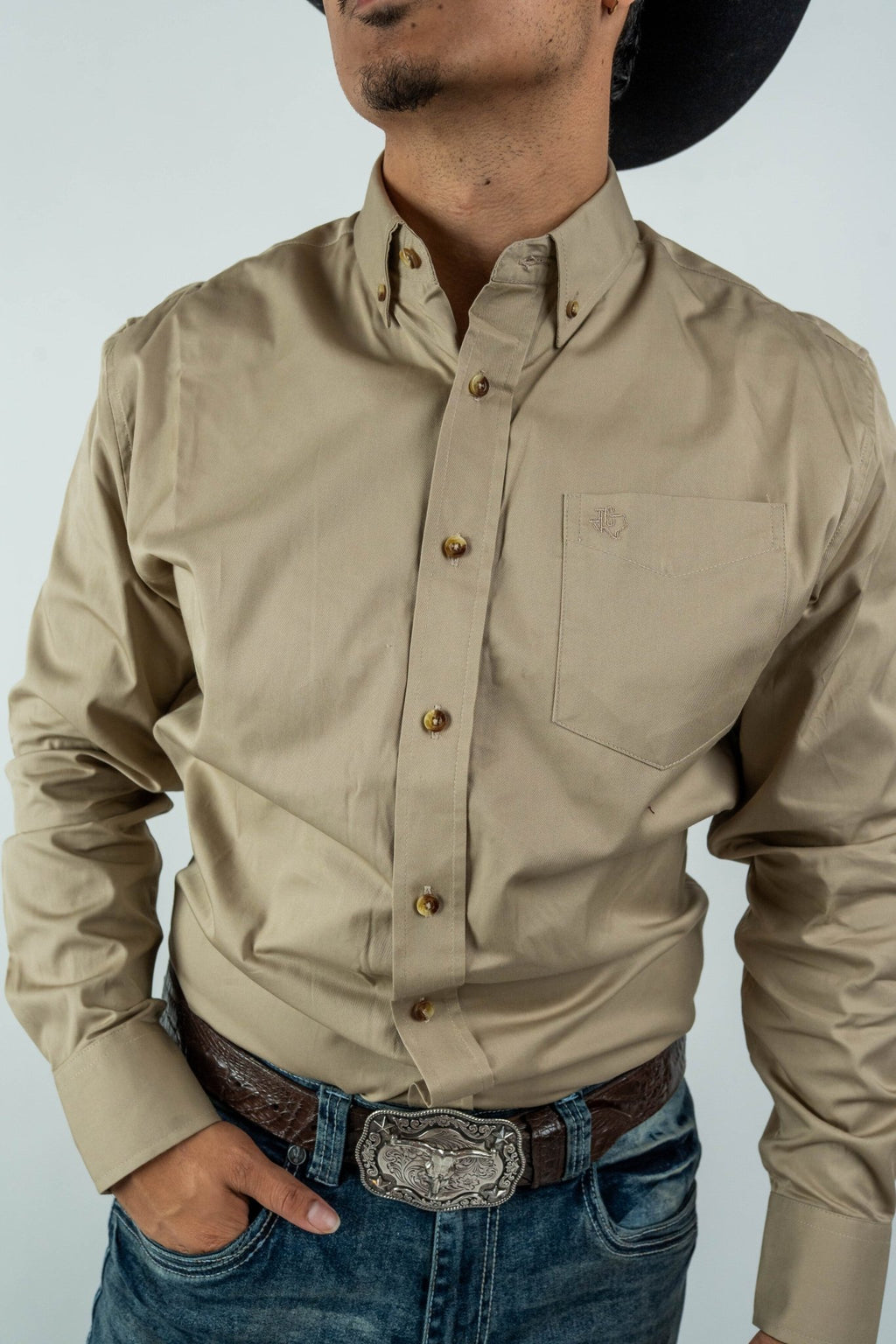 Texas Country - Solid Khaki Button-Down Long-Sleeve Shirt (AC110L/T) - Gomez Western Wear