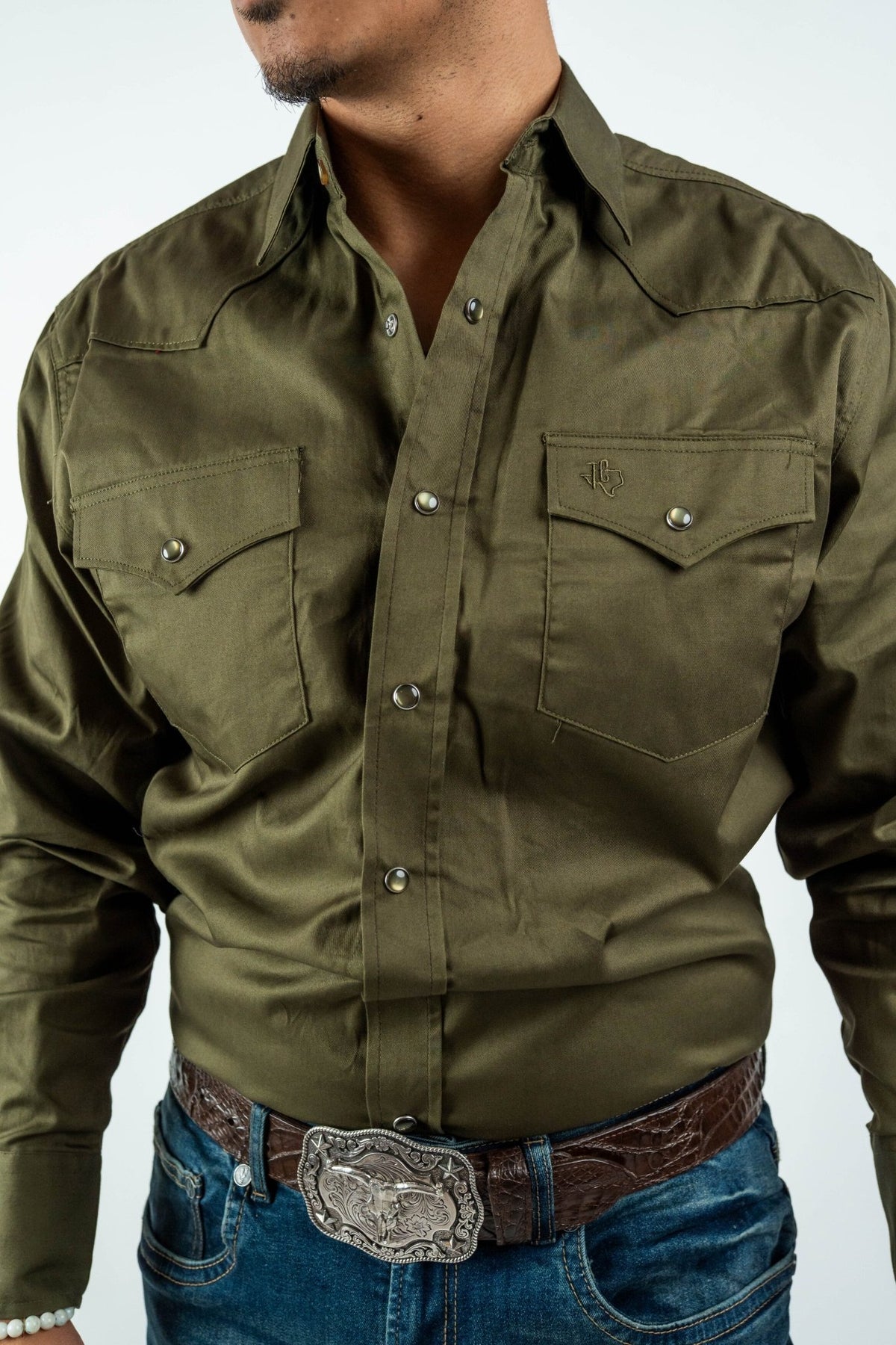 Texas Country - Solid Olive Pearl Snap Long-Sleeve Shirt (AC108L/T) - Gomez Western Wear