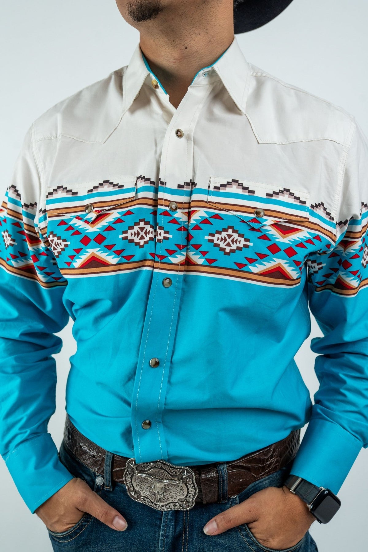Texas Country - Turquoise Southwestern Pearl Snap Long Sleeve Shirt (MOD1090) - Gomez Western Wear