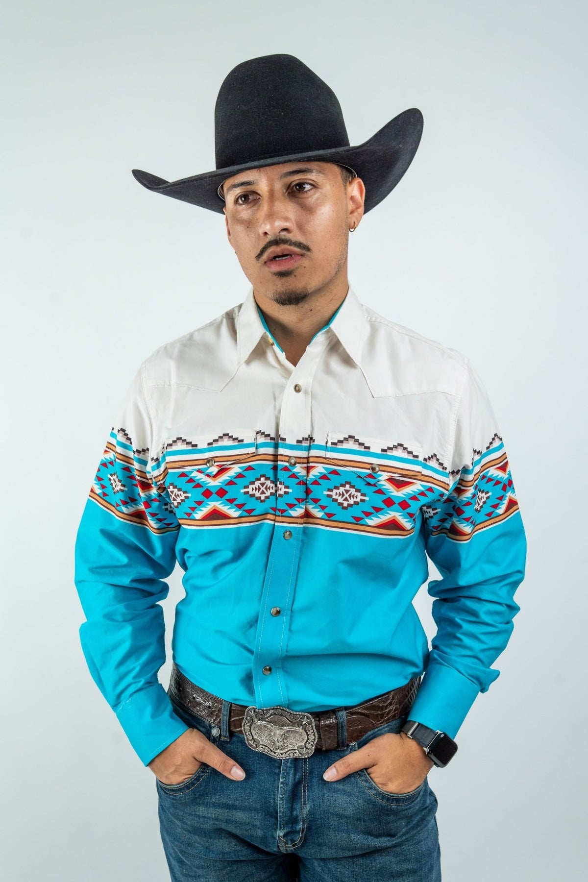 Texas Country - Turquoise Southwestern Pearl Snap Long Sleeve Shirt (MOD1090) - Gomez Western Wear