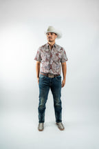 Texas Country - White &amp; Maroon Floral Pearl Short Sleeve Shirt (PS100S/T #1120) - Gomez Western Wear