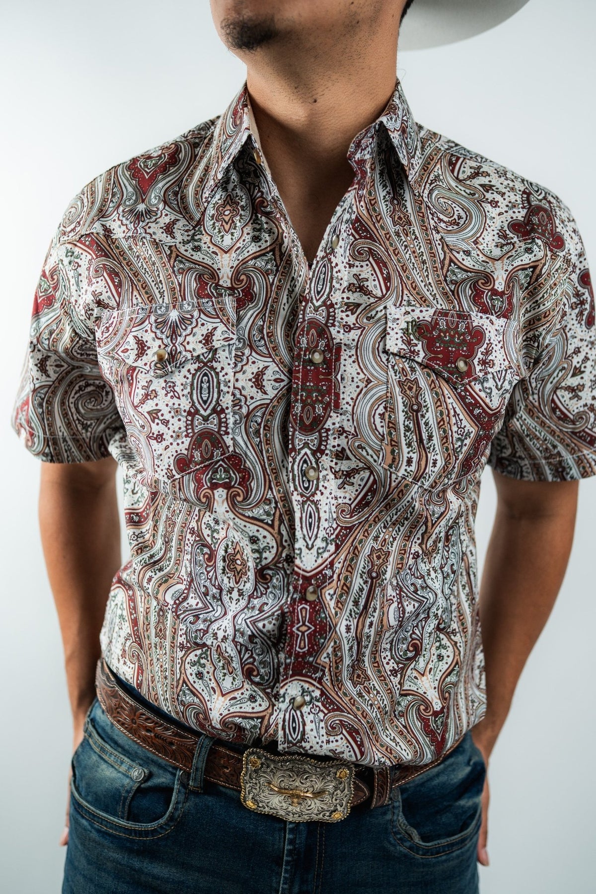 Texas Country - White &amp; Maroon Floral Pearl Short Sleeve Shirt (PS100S/T #1120) - Gomez Western Wear