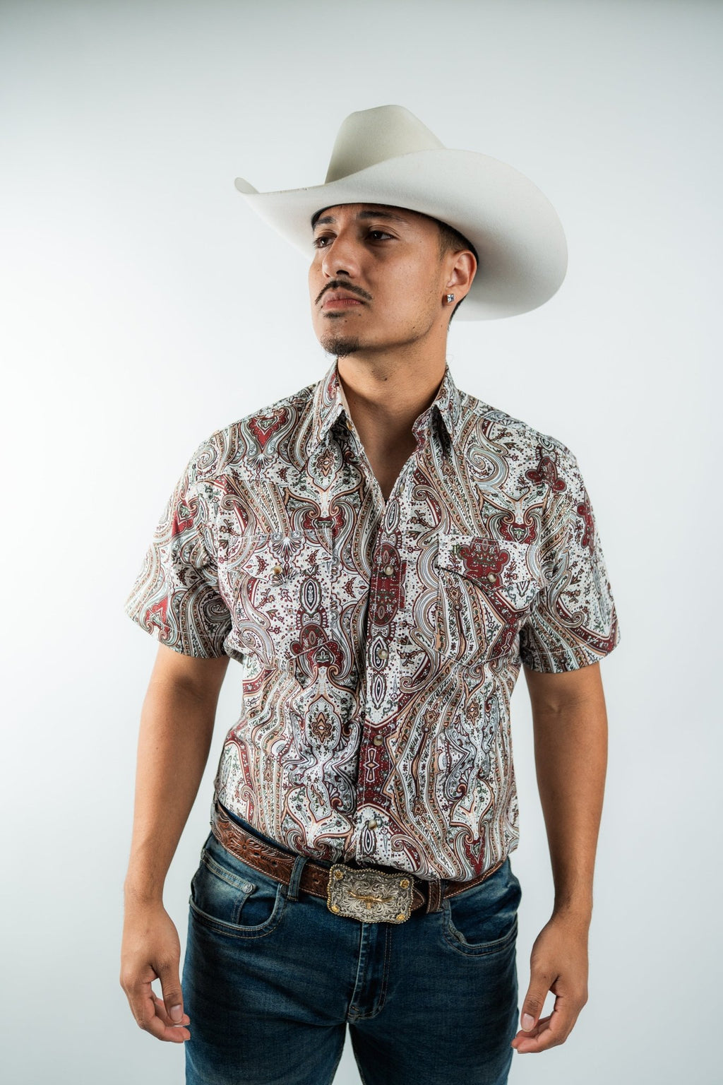 Texas Country - White &amp; Maroon Floral Pearl Short Sleeve Shirt (PS100S/T #1120) - Gomez Western Wear