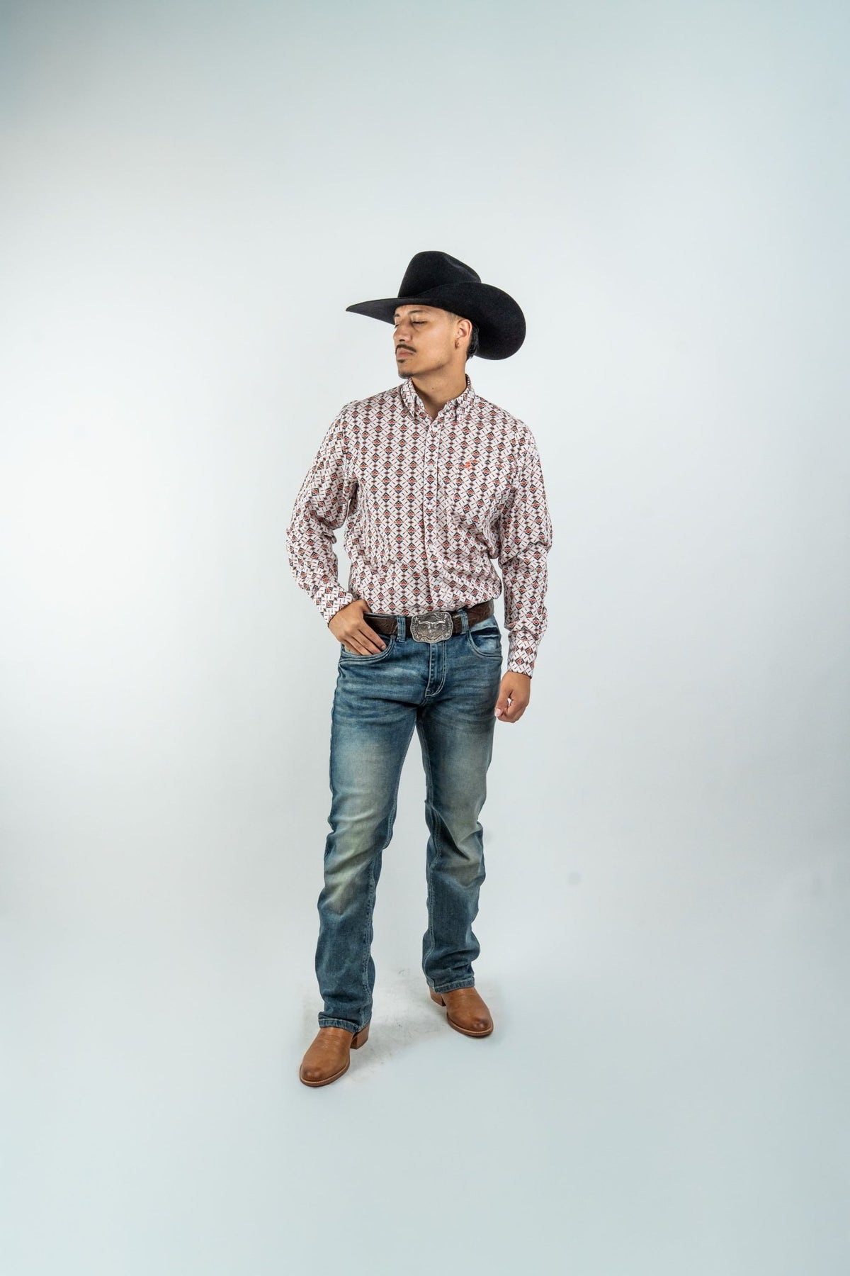 Texas Country - White Aztec Diamonds Button-Down Long Sleeve Shirt (MOD181) - Gomez Western Wear