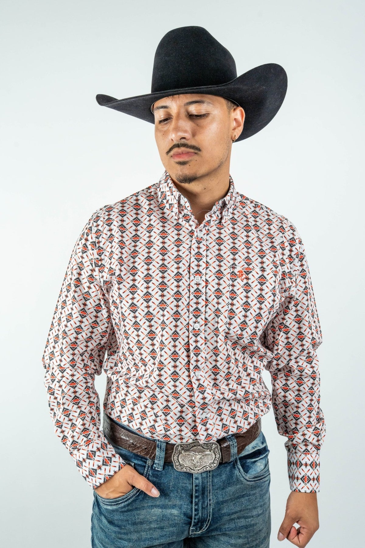 Texas Country - White Aztec Diamonds Button-Down Long Sleeve Shirt (MOD181) - Gomez Western Wear
