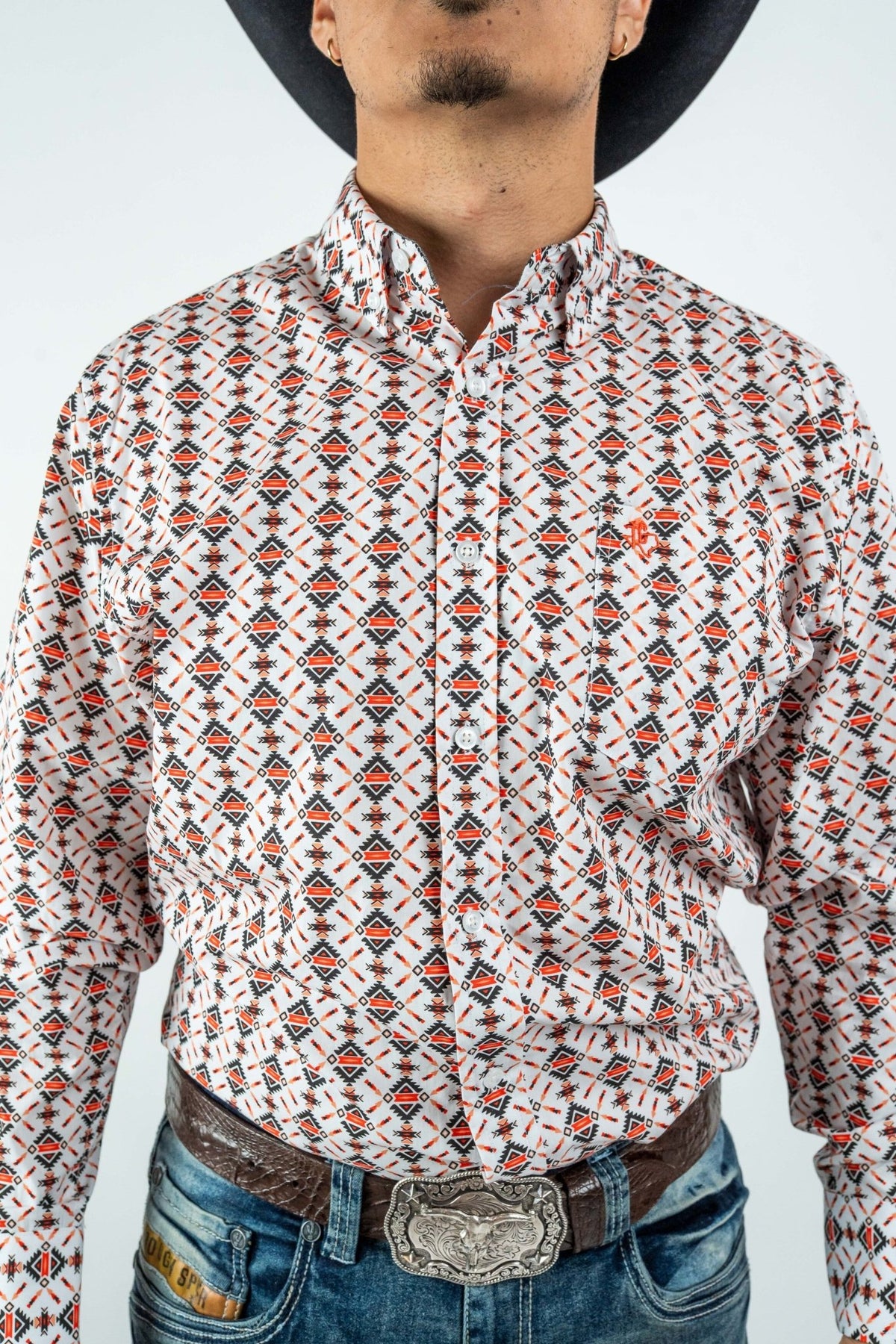 Texas Country - White Aztec Diamonds Button-Down Long Sleeve Shirt (MOD181) - Gomez Western Wear