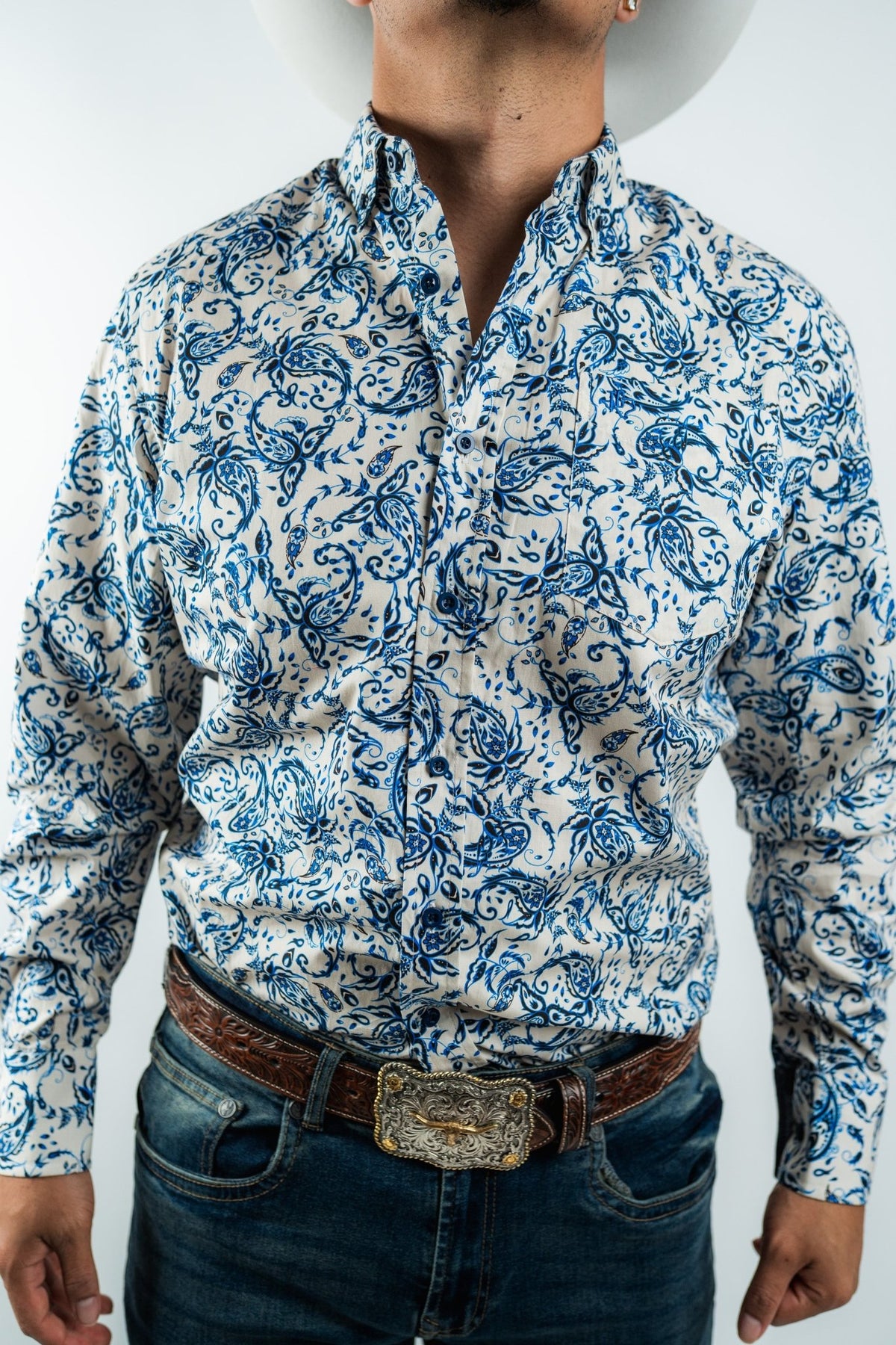 Texas Country - White Floral Button-Up Long Sleeve Shirt (MOD 1079) - Gomez Western Wear